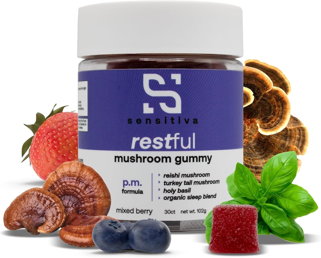 Sensitiva Restful Mushroom Gummies P.M. Formula - Reishi & Turkey Tail Mushroom Supplement Gummies, Mushroom Gummies for Sleep, Relax & Stress Relief (Mixed Berry P.M. Formula)