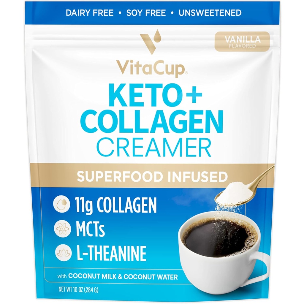 VitaCup Keto + Collagen Coffee Creamer Vanilla Flavor con MCT, Proteine del collage, Acqua di cocco, L-teanina per la dieta Keto, Utilizzare in Caffè, Smooti, & Shakes, Dairy-Free, Senza glutine, Soia-Free, 10oz