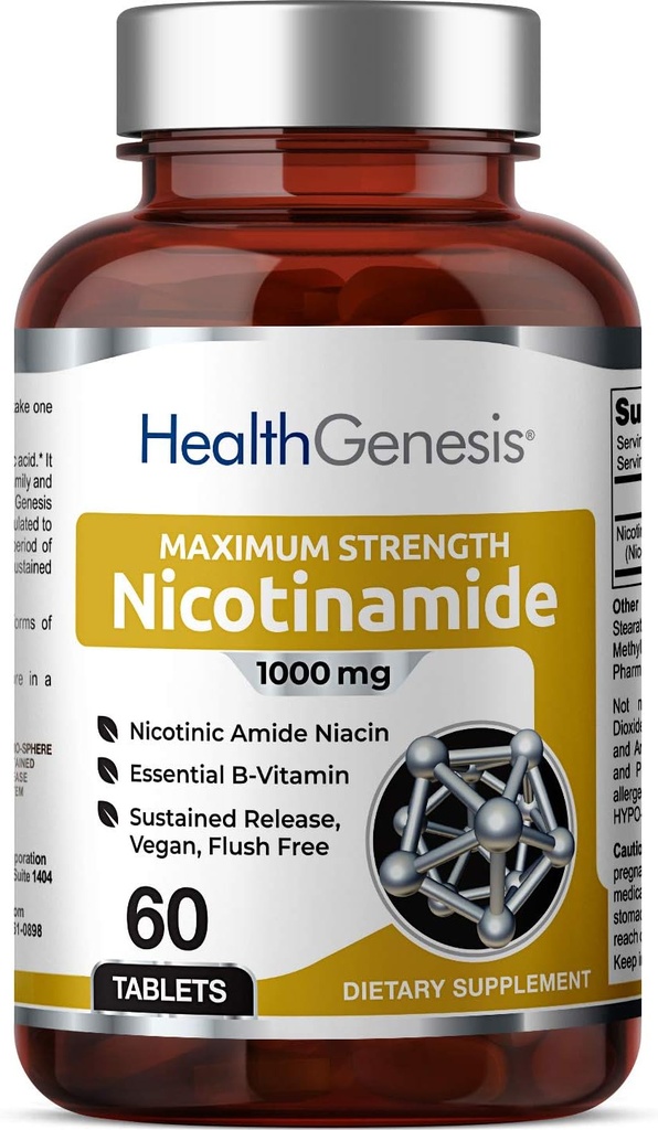 B-3 Nicotinamide 1000 mg 60 Tabs Extra Strength Slow Release - Natural Flush-Free Vitamin Formula | Niacina nicotinica senza glutine | Supporta la salute della pelle | Cell Repair Support