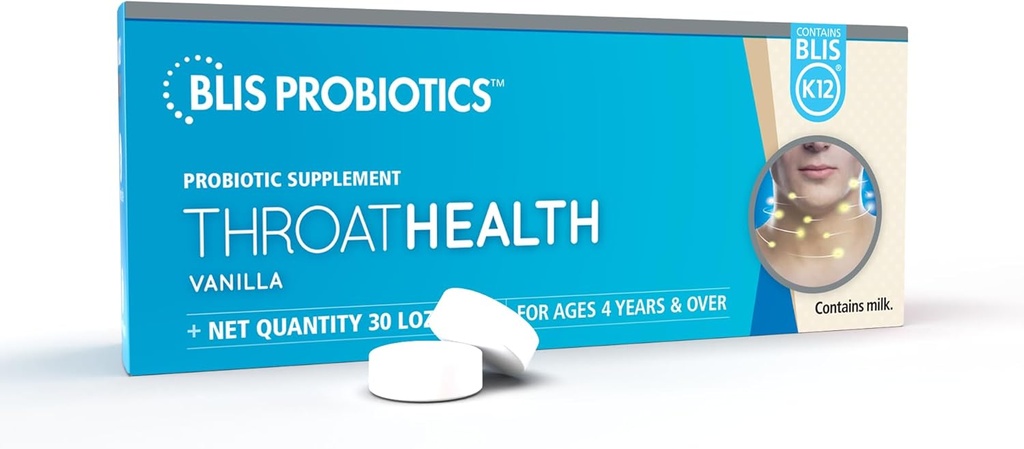 BLIS ThroatHealth Oral Probiotics K12 - Supporto Immune & Throat, Vanilla - 30 Lozenges, 2,5 miliardi di CFU