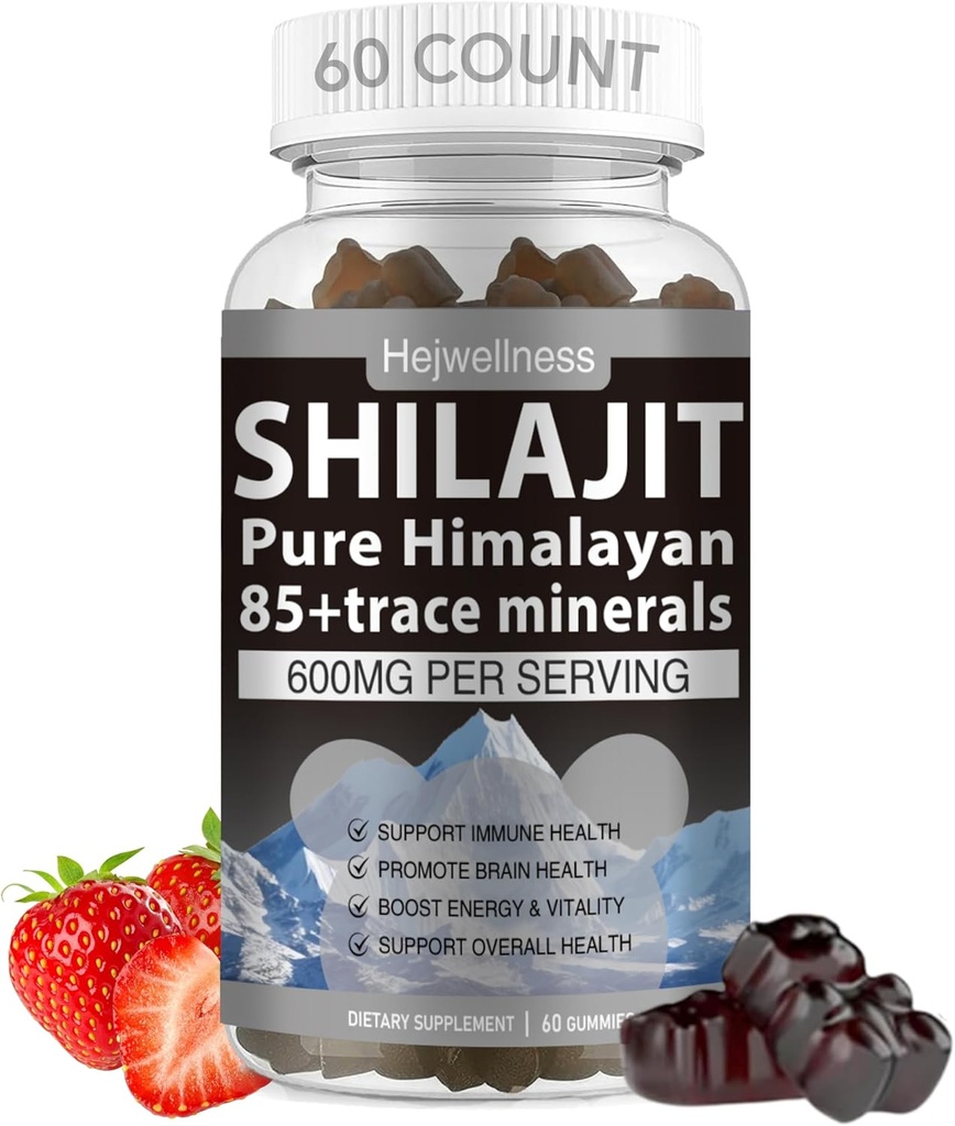 Shilajit Gummies - 600 mg Natural Organic Shilajit Resina con 85+ Trace Minerals, Acido Fulvico & Phytonutrients - Fragola Flavor - per l'energia, Supporto Immune - 60 Gummies, 1 mese di fornitura