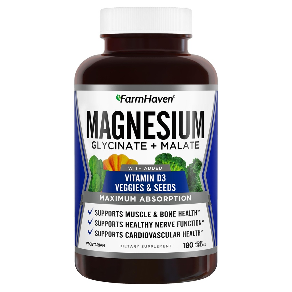 FarmHaven Magnesium Glycinate & Malate Complex w/Vitamin D3, 100% Chelated for Max Absorption, Vegetariano – Bone Salute, Nervi, Muscoli, 180 Capsule, 90 Giorni