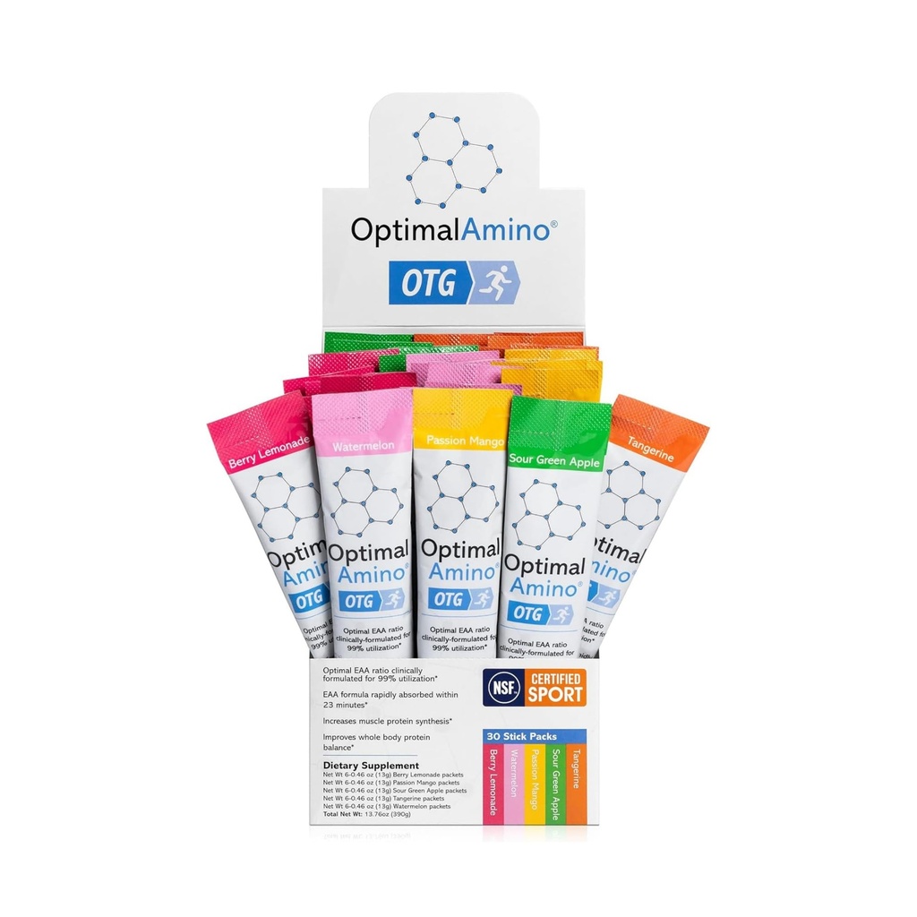 OptimalAmino OTG Stick Packs, 5 Flavor Variety Box (30 Conte), 99% Aminoacido essenziale utilizzato (EAA) Supplemento, Aumentare il recupero muscolare, Vegan/Keto Pre/Post Workout, NSF Certificato per lo sport