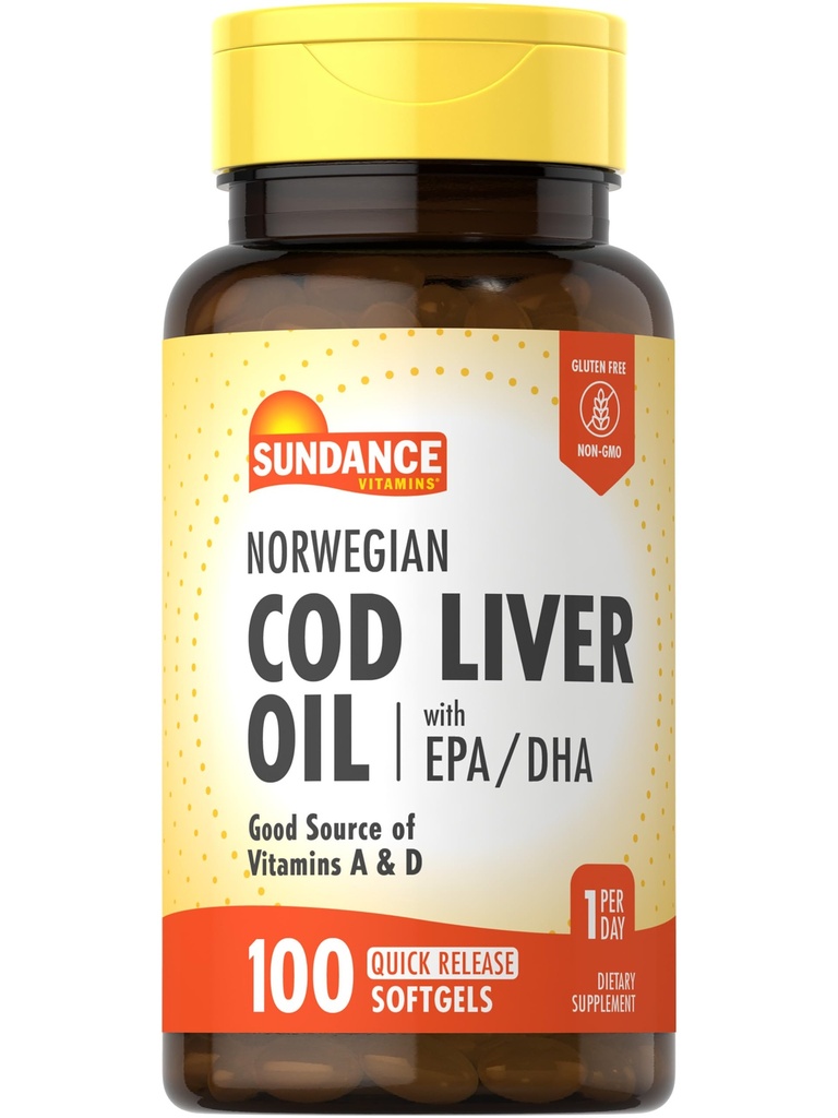 Sundance Norwegian Cod Liver Oil | 100 Softgels | con EPA e DHA | Buona fonte di vitamine A & D | Non OGM e Gluten