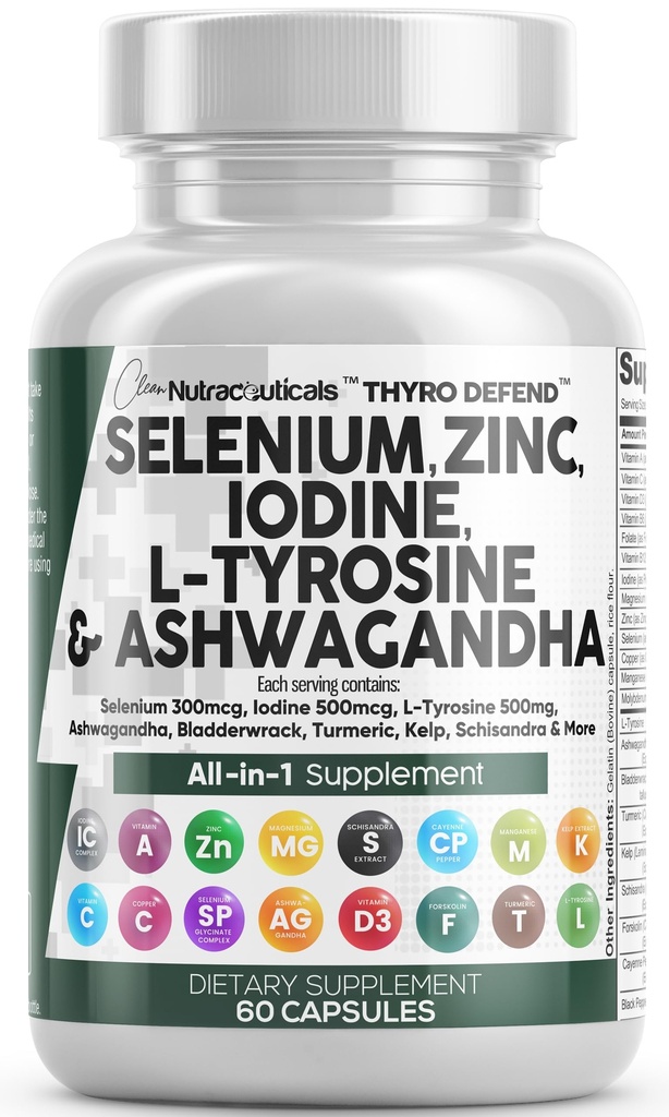 Clean Nutra Selenium 300mcg Iodine 500mcg supporto tiroide per le donne e gli uomini | L Tyrosine 500mg Ashwagandha Supplemento Bladderwrack, Turmeric, Kelp, Schisandra Zinc Pills Capsule Supplementi