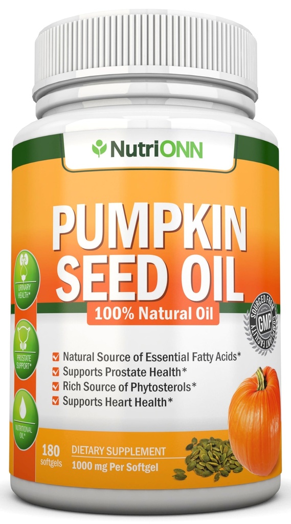 Olio di semi di zucca - 1000MG - 180 Softgels - Olio di semi di zucca naturale a freddo - Fonte naturale di acidi grassi essenziali - Grande per la crescita dei capelli, la salute della prostata e il tratto di GI