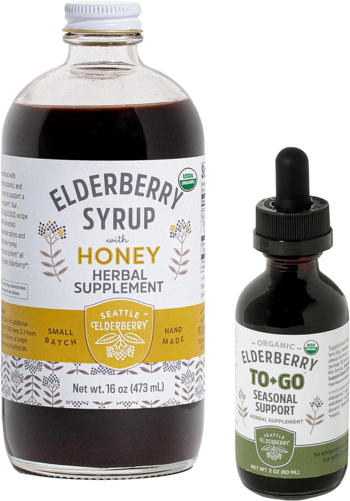 Set di avviamento del supplemento di erbe – Una bottiglia di 16oz di Syrup di sambuco con miele e una bottiglia di 2oz di sambuco a-go supporto stagionale fatto da solo ingredienti biologici negli Stati Uniti
