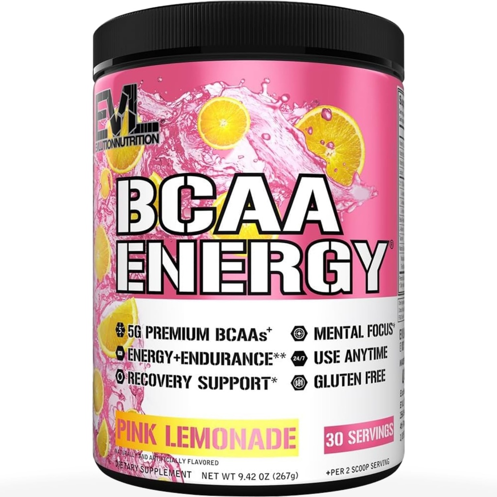 EVL BCAAs Aminoacidi Polvere - BCAA Energy Pre Workout Polvere per il recupero muscolare magra crescita e resistenza - Reidratando Post Workout Recovery Drink con caffeina naturale - Limonata rosa