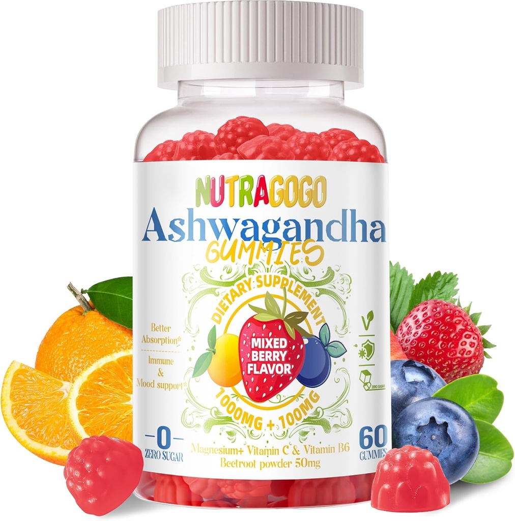 Ashwagandha Gummies & Vitamin D3 Gummies 60 Count - Organic Aswangdha Supplemento per migliorare il sonno, Stress Relief & Mood Calm(Mixed Berry, Vegan, Plant Based,Gluten-Free & Gelatin Free)-1pack