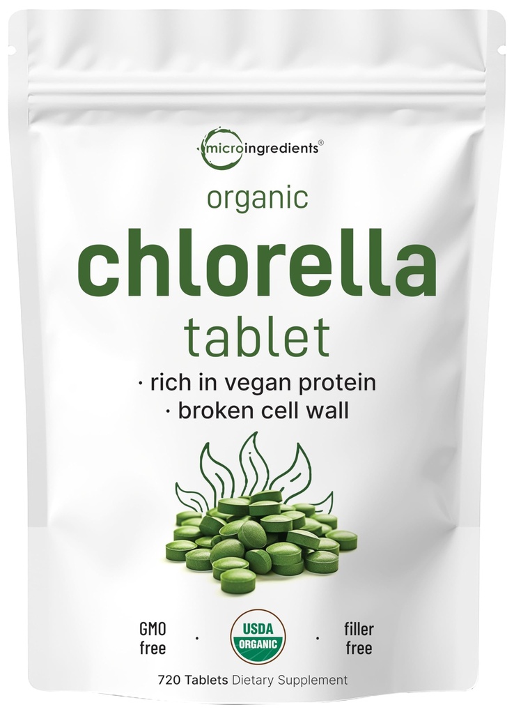 Organic Chlorella Tablets, 500mg Per Tablet, 720 Tab (360 Grammi), 4 Mesi di alimentazione, Muro di cellule rotte, Ricco di Vegan Protein & Vitamine, No Filler, No Additivi & Non OGM | Pure Green Algae Superfood