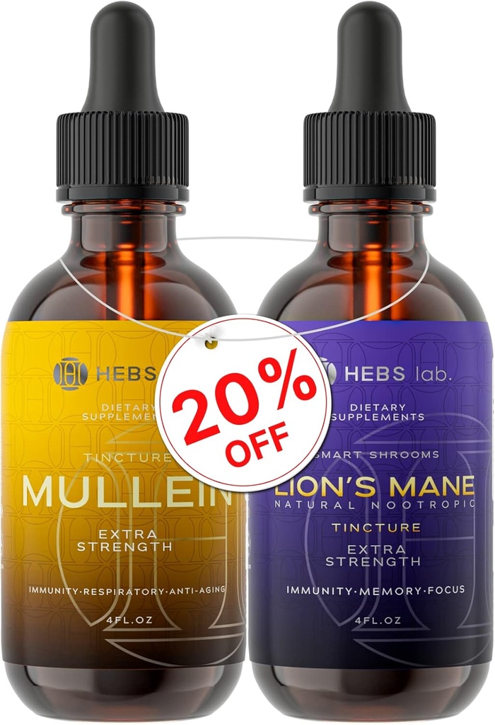 Bundle - Mullein Leaf Extract & Lions Mane Mushroom Supplemento - Supporto respiratorio e supporto al cervello