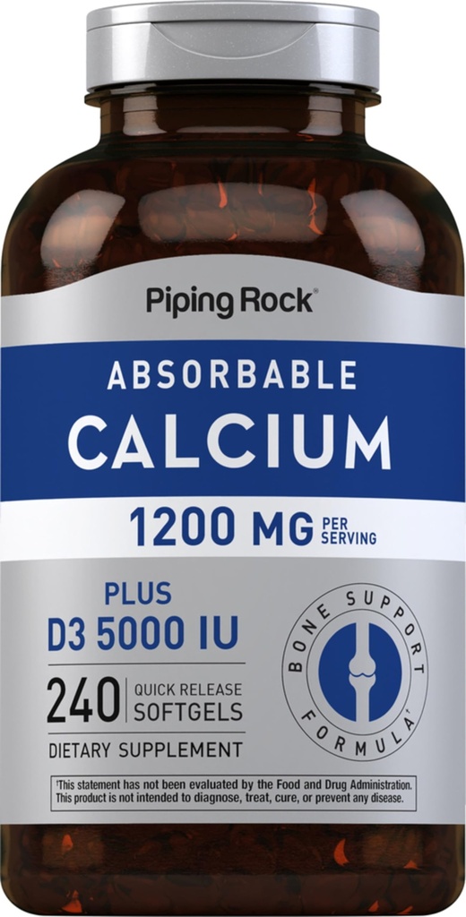 Piping Rock Calcium 1200 mg con vitamina D3 | 240 Softgels | 5000 IU Vitamin D3 | Supplemento di calcio assorbente| Non OGM, Gluten Free