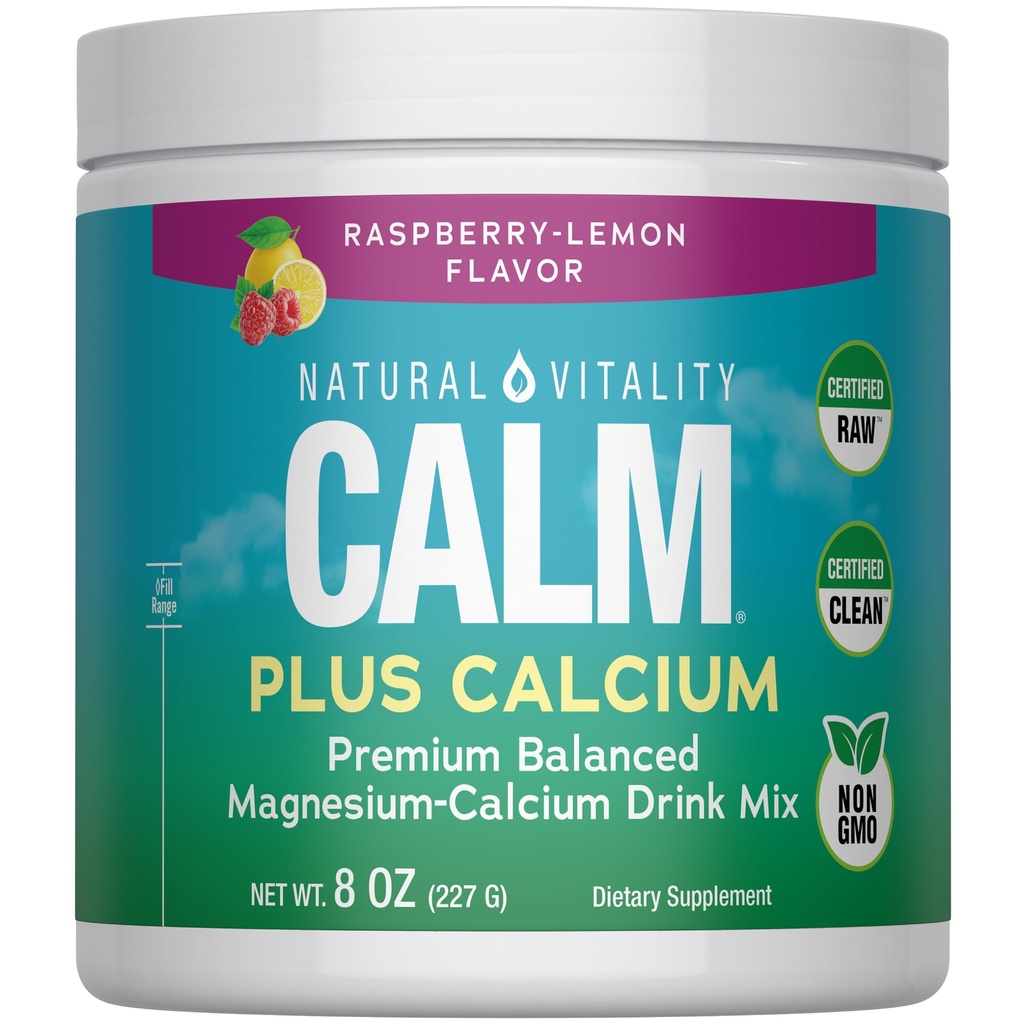 Natural Vitality CALM Magnesium Supplement Drink Mix Plus Calcium, Anti-Stress Drink Mix Powder, Con Calcio, Vegetariano e Non OGM, Raspberry Lemon, 8 oz