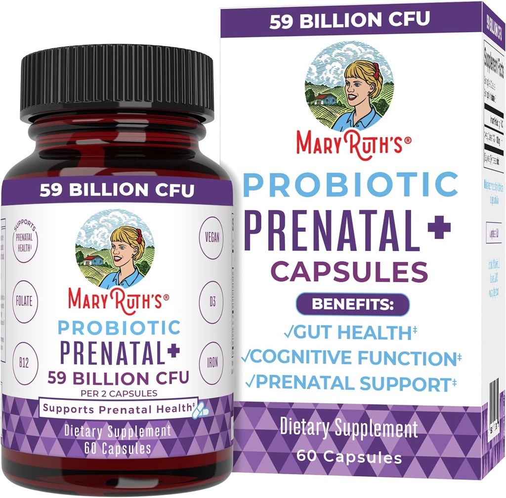 MaryRuth Organics Prenatal Vitamins & Probiotics | 59 miliardi di CFU | Vitamina D3 & B12 | Iron | Folate | Selenium | Choline | Vegan | Non OGM | 60 capsule