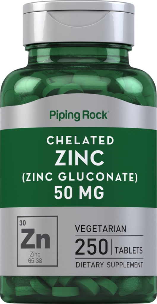 Piping Rock Chelated Zinc 50mg | 250 compresse | Gluconate | Vegetariano, Non OGM, Integratore senza glutine