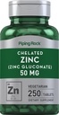 Piping Rock Chelated Zinc 50mg | 250 compresse | Gluconate | Vegetariano, Non OGM, Integratore senza glutine