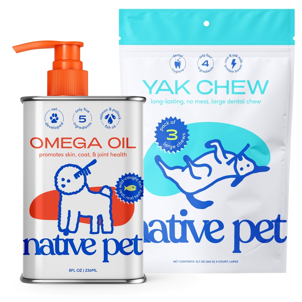 Olio animale domestico nativo per cani - Integratori di olio di pesce del cane & chews Yak per cani | Pasture-Raised e Organic Yak Cheese Himalayan Churpi Chews | 8 Oz. & 3 Grandi Chews di Yak