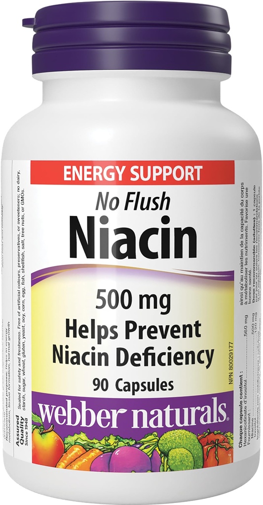 Webber Naturals No Flush Niacin Vitamina B3 Capsule, 500mg 90 Conte