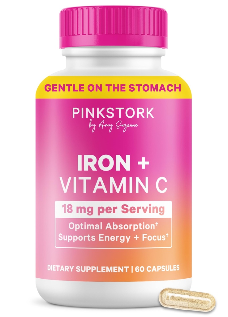 Supplemento di ferro prenatale di cicogna rosa per le donne - 18 mg di ferro e vitamina C per la gravidanza, il post-parto, e l'allattamento al seno - Focus, fatigue, & produzione di cellule di sangue - 2 mesi di alimentazione
