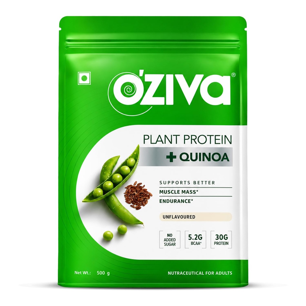OZiva Organic Plant Protein Powder | 500 Gm | (30g Vegan Protein - Pea Protein a, Brown Rice Protein & Quinoa, Soy Free) per Everyday Fitness, Boosts Immunity, Non aromaed (1.1 lb)