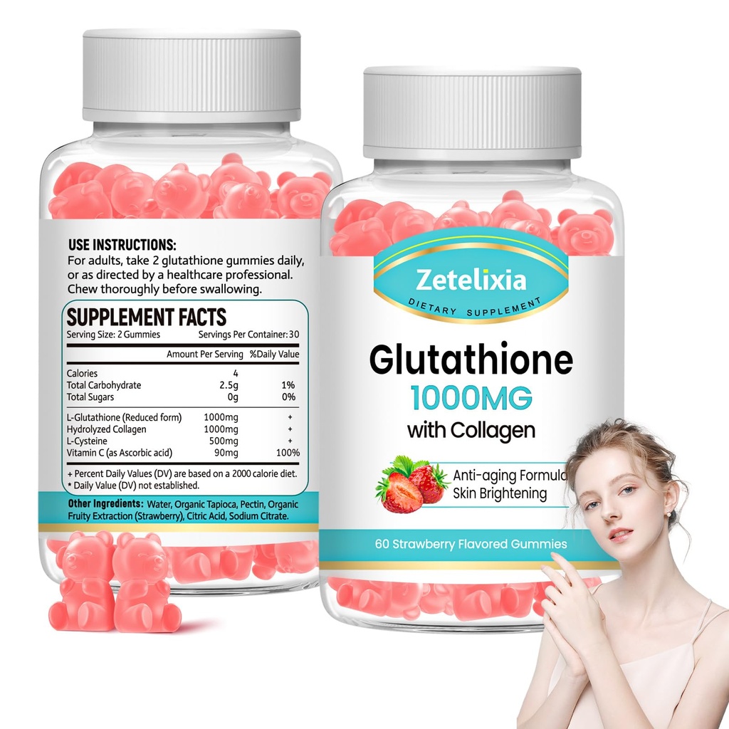 2 Pack Glutathione Collagen Gummies, Gummie di collagene con vitamina C, Integratore di Glutathione per le donne, Muscolo di unghie della pelle dei capelli & Joint, Anti-invecchiamento, Vegan, Zucchero libero, Sapore di fragola, 120 Conte