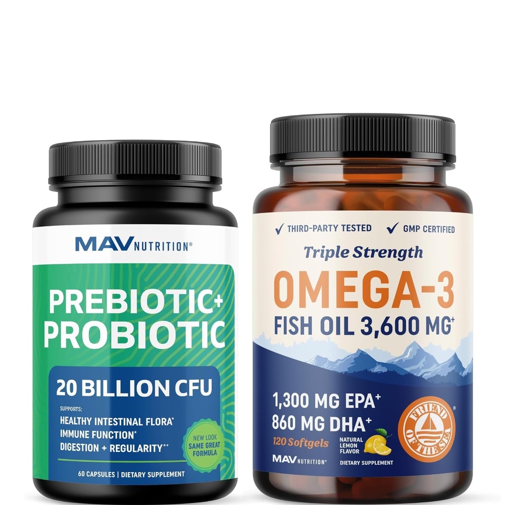 Omega 3 Fish Oil e capsule probiotici | Triple Strength EPA & DHA con Probiotic Gut Health & Immune Support Supplemento | Totale Benessere Bundle
