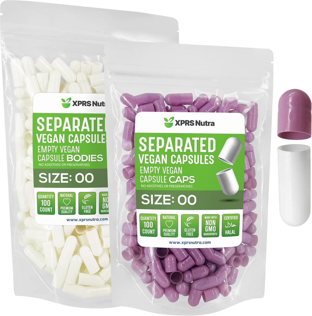 XPRS Nutra Vegan Size 00 Capsule Separati - 100 Contenitori Premium Capsule Vuoti Separati in Borse - 00 Pillole Vuoto per Integratore fai da te Riempimento (Lavender/White)