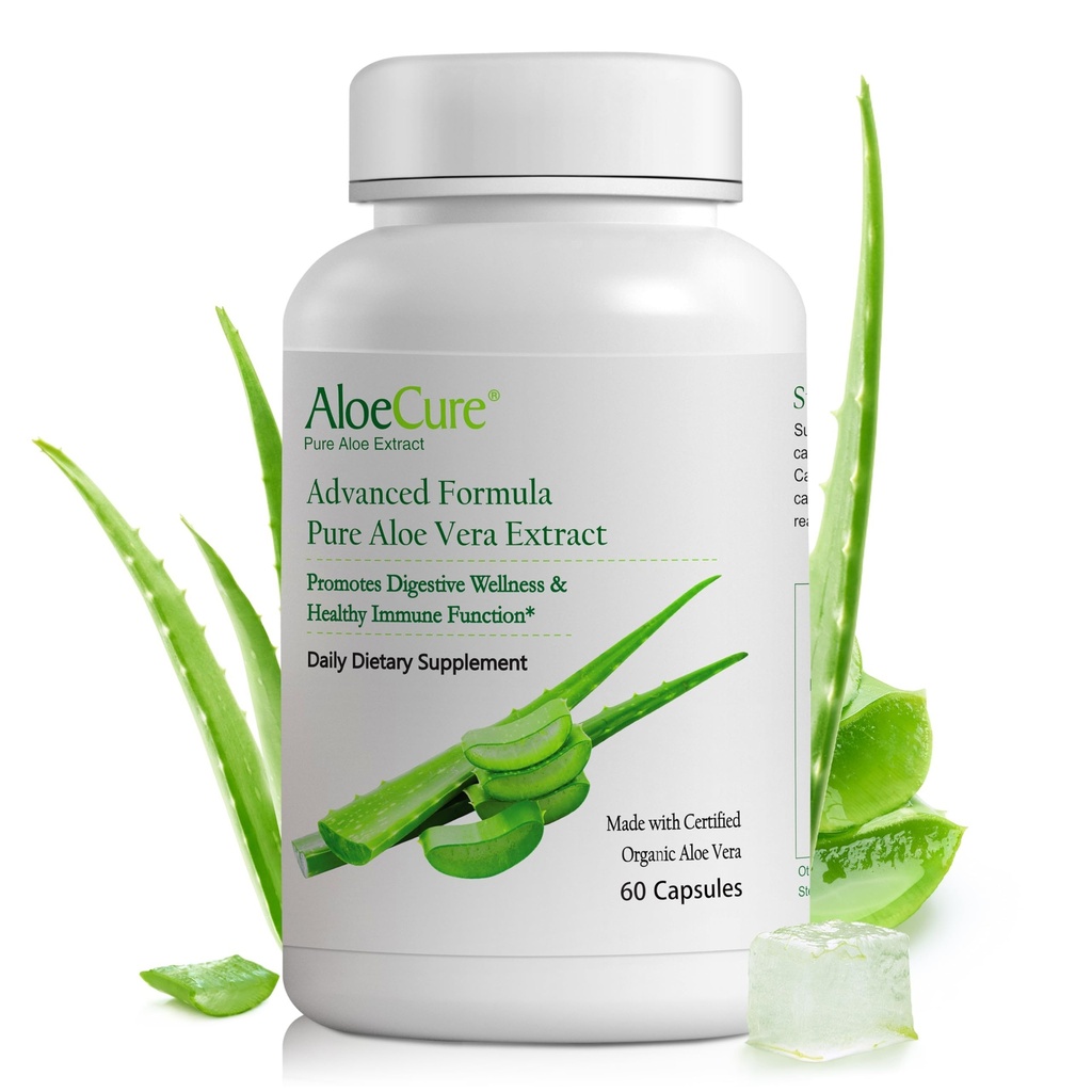 AloeCure Organic Aloe Vera Capsule, 160.000mg Aloe Leaf Equivalente per Serving, Support Gut, Digestivo, & Immune Health, aiuta a mantenere l'acidità di Stomach bilanciata, Aloin Free, 60 Capsule