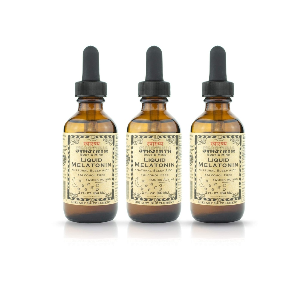 Svasthya Body & Mind Liquid Melatonin - Promuove il sonno naturale - Alcol Free per adulti e bambini, Made in the USA, GMP, 2 oz - 3 Pack