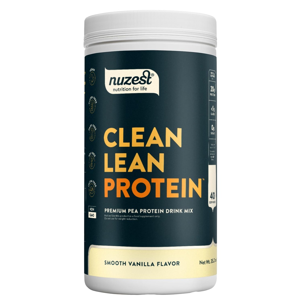 Nuzest - Pea Protein Powder - Clean Lean Protein, Premium Vegan Plant Based Protein Powder, Dairy Free, Gluten Free, OGM Free, Protein Shake, Smooth Vanilla, 40 Servings, 2.2 lb