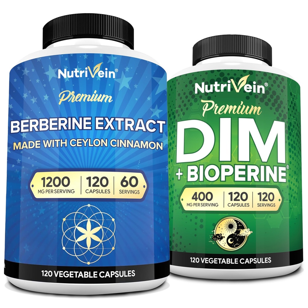 Nutrivein Premium DIM & Berberina Supplemento Bundle: Berberina ad alto assorbimento & DIM Supplemento con Bioperine - per l'equilibrio ormonale, Regolarità digestiva, Metabolismo, &amp; Benessere generale