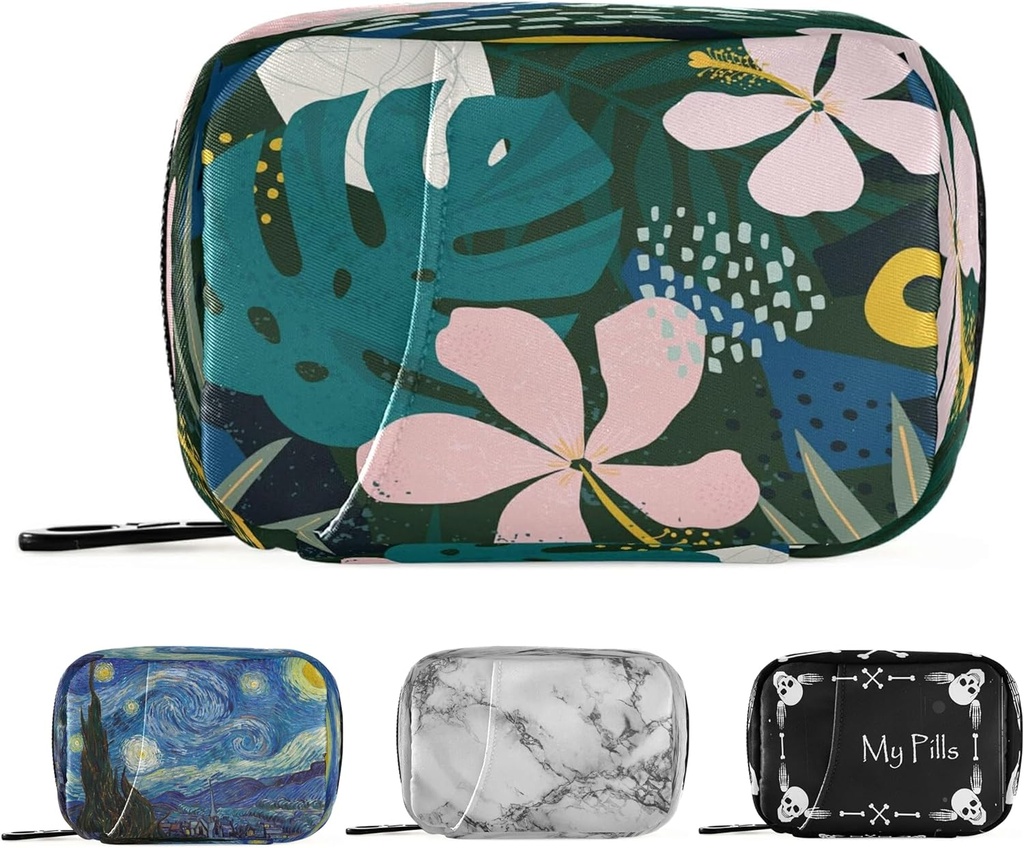 Naanle Hawaiian Palm Leaf Flower Pill Box 7 giorno Pill Case Travel Pill Organizer Bag con Zipper Portable Weekly Case Dimensioni compatte per il supporto supplemento di vitamina
