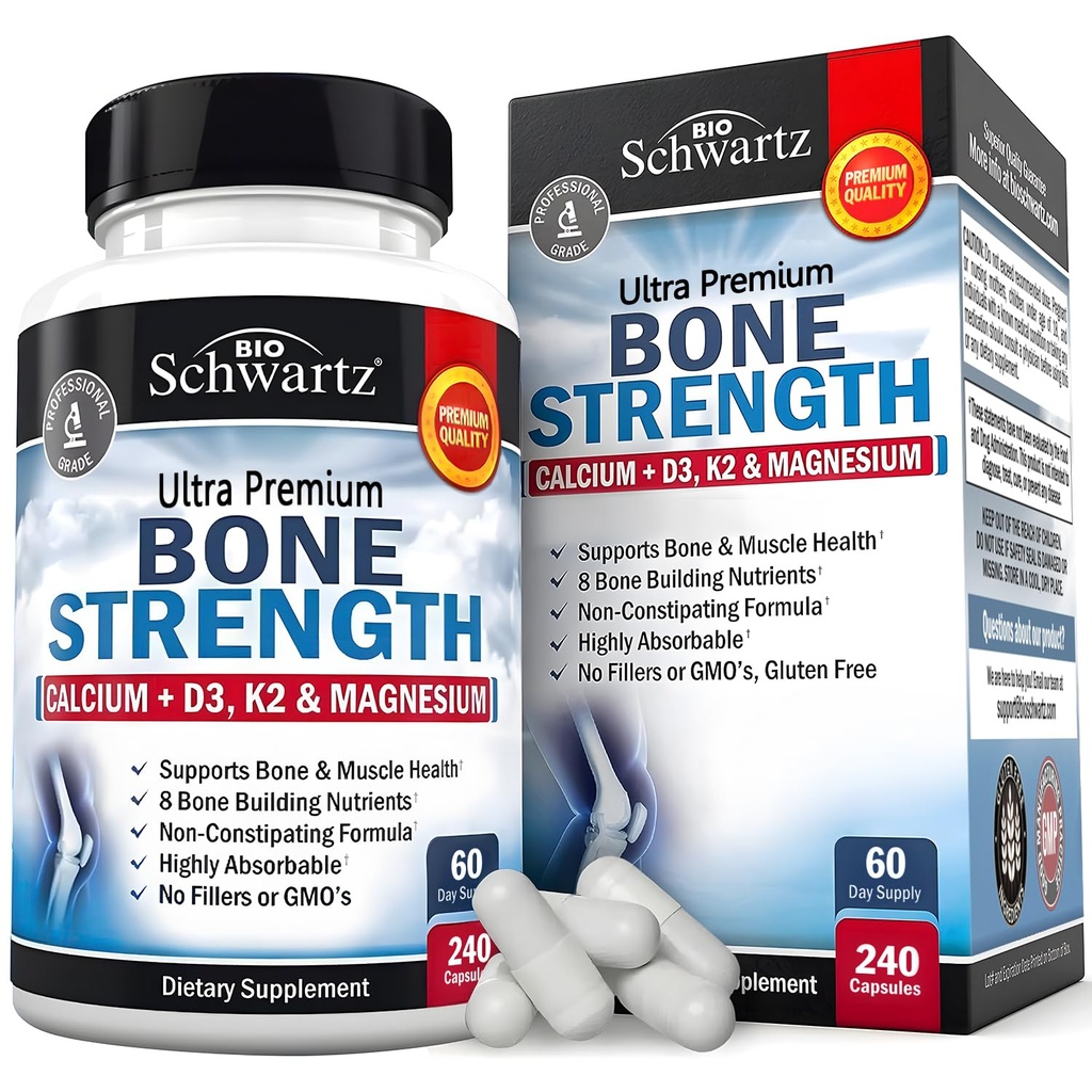 BioSchwartz Bone Strength Supplement - Gentle Non-Constipating Bone Salute Supplemento per le donne e gli uomini con 9-in-1 Complesso con Calcio Magnesio Zinco D3 K2 & More - 3rd Party Tested - 2 mesi