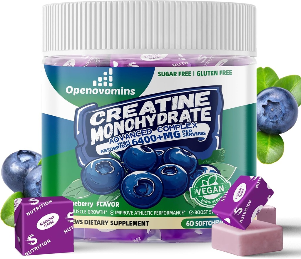 Creatina Monoidrato Soft Chews Complex 6400mg per uomini e donne -Advanced Formula W/L-Taurine + Vitamina B12, Sugar Free Chewable Supplement,60 Blueberry Softchews