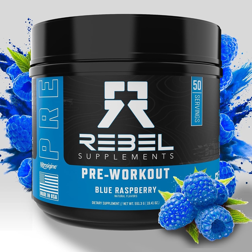 Rebel SupplementsTM Blue Razz caricato Pre Workout | Pompe estreme, Laser Focus, Insane Energy | 7000mg L-Citrulline, 4000mg Beta Alanine, 1500mg Nitrosigine®, 350mg Caffeina | 50 Servings