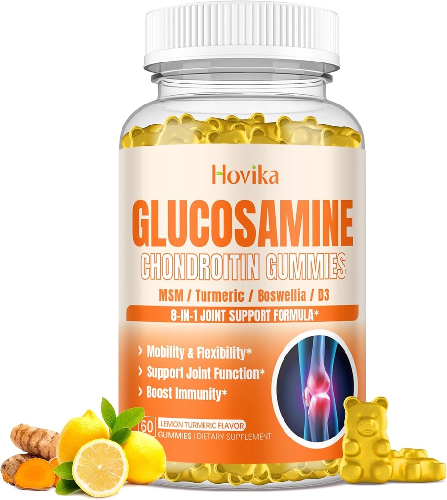 Glucosamina Condroitin MSM Gummies 1500mg - Integratore di supporto congiunto con curcuma, Boswellia, Vitamina D3, Acido Ialuronico, Antiossidante, Supporto Immune per Adulti, Uomini & Donne Vegan, 60 Gummies