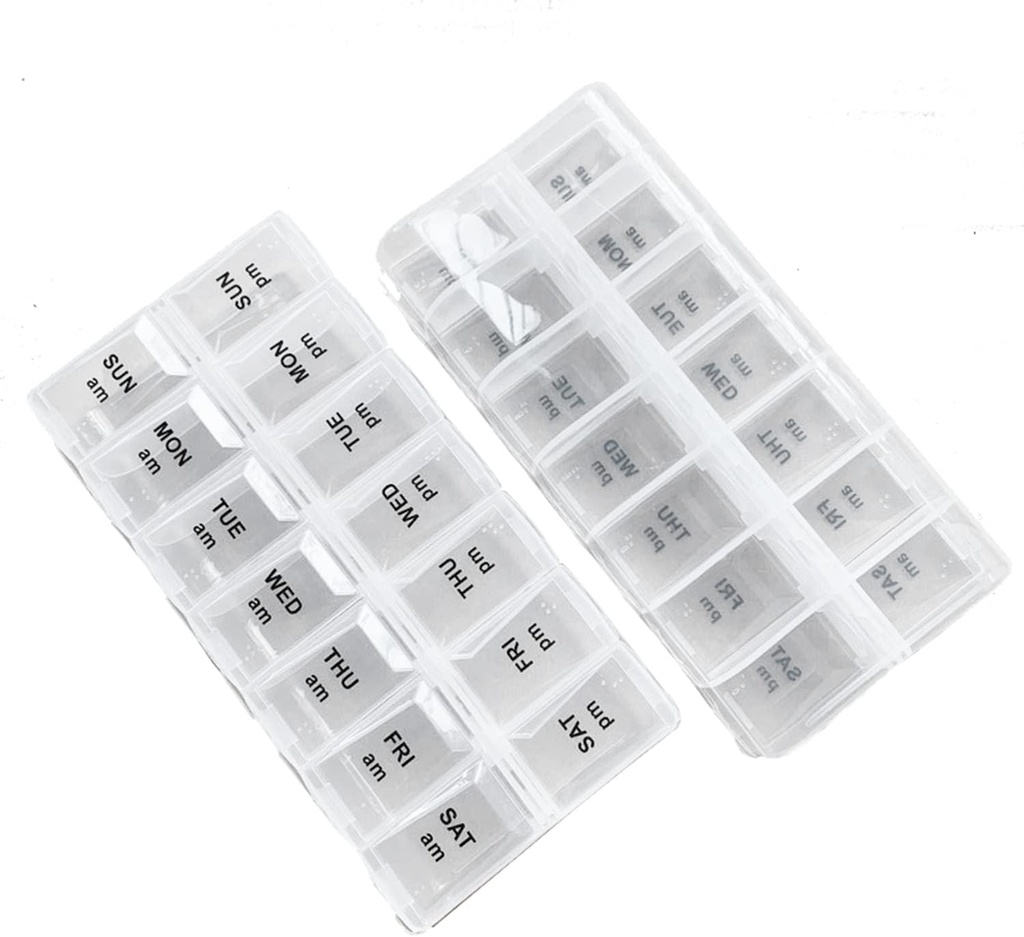 2 Pack OPP Clear Daily Pill Box organizzatore, organizzatore settimanale Pill 2 volte al giorno per pillole, integratori e farmaci, Am Pm Pill Organizer 7 giorno, Pill Box 7 giorno - 6.7 x 3.2 x 1 pollice