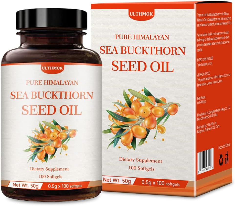 ULTHMOK Premium Sea Buckthorn Seed Oil,100% Seed Oil,100 Softgels & 100×500mg, Non-GMO,Gluten Free.