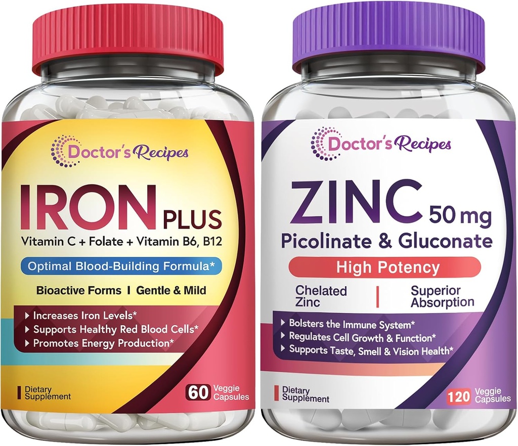 Medico Ricette Ferro e Zinco Bundle - Energia, Supporto Sangue, Salute Immune per Uomini & Donne, Alta Assorbimento, Non OGM