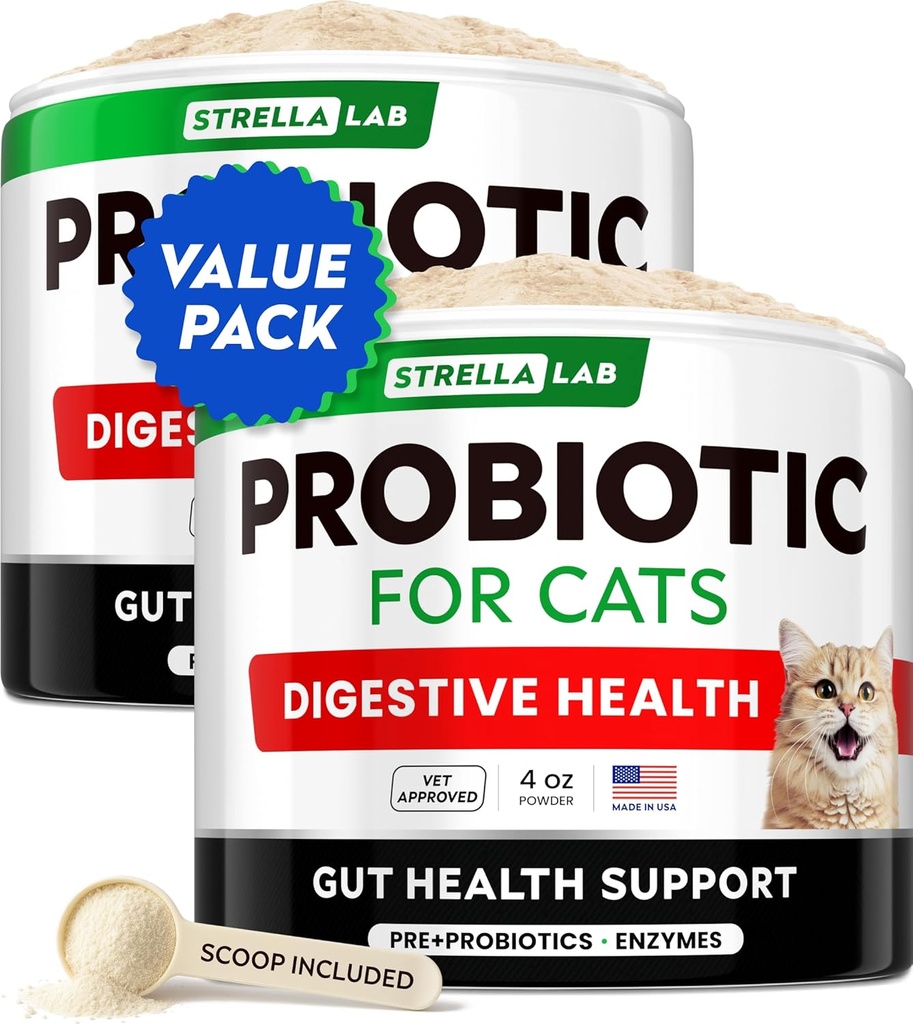 StrellaLab Cat Probiotic Powder - Probiotici per Gatti con Diarrea - Polvere facile da miscelare - Probiotici per gatti interni, Integratore alimentare, Supporto digestivo (8 oz/Pack di 2)