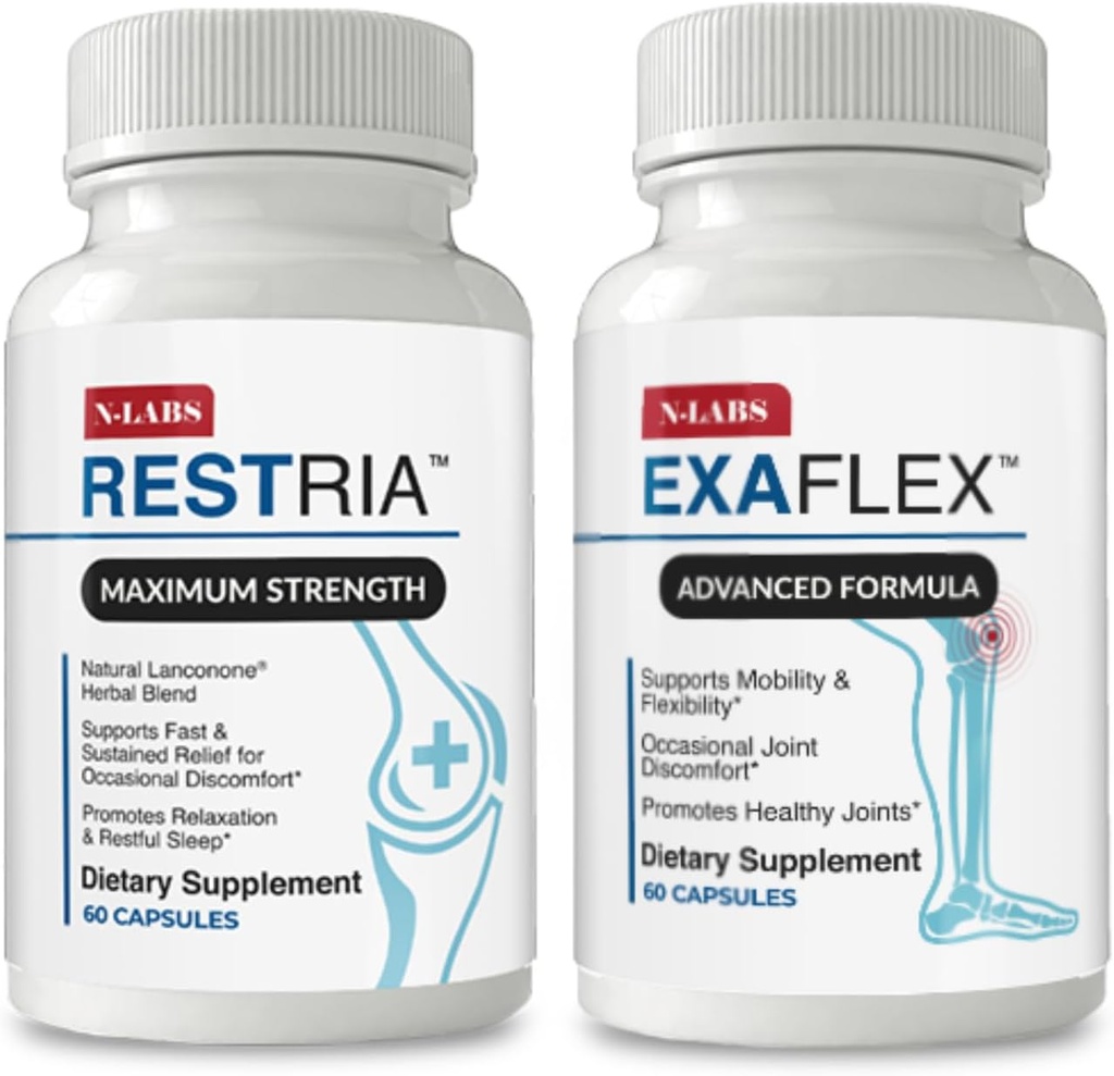 N-Labs Joint Support & Sleep Aid Combo – ExaFlex con Boswellia Extract e Bromelain per il supporto congiunto + Restria con Lanconone Herbal Blend e Sleep Formula per il relax notturno