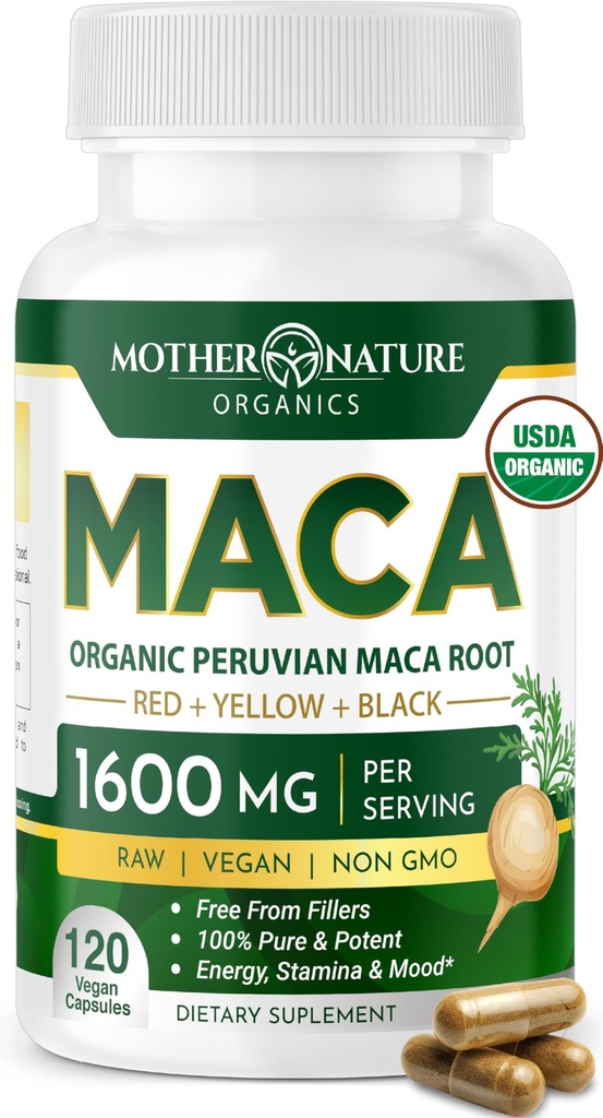 Madre Natura Organico Maca Root Capsule – 1600mg, 120 Vegan Capsule – Non OGM Peruviano Giallo, Rosso & Nero Maca per Uomini & Donne - Energia, Ormone, Cervello & Peso Benessere