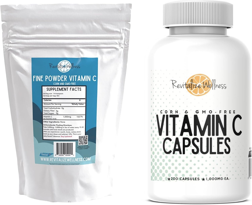 Bundle | Vitamina C fine polvere, 454 Serve e capsule di vitamina C, 200 capsule