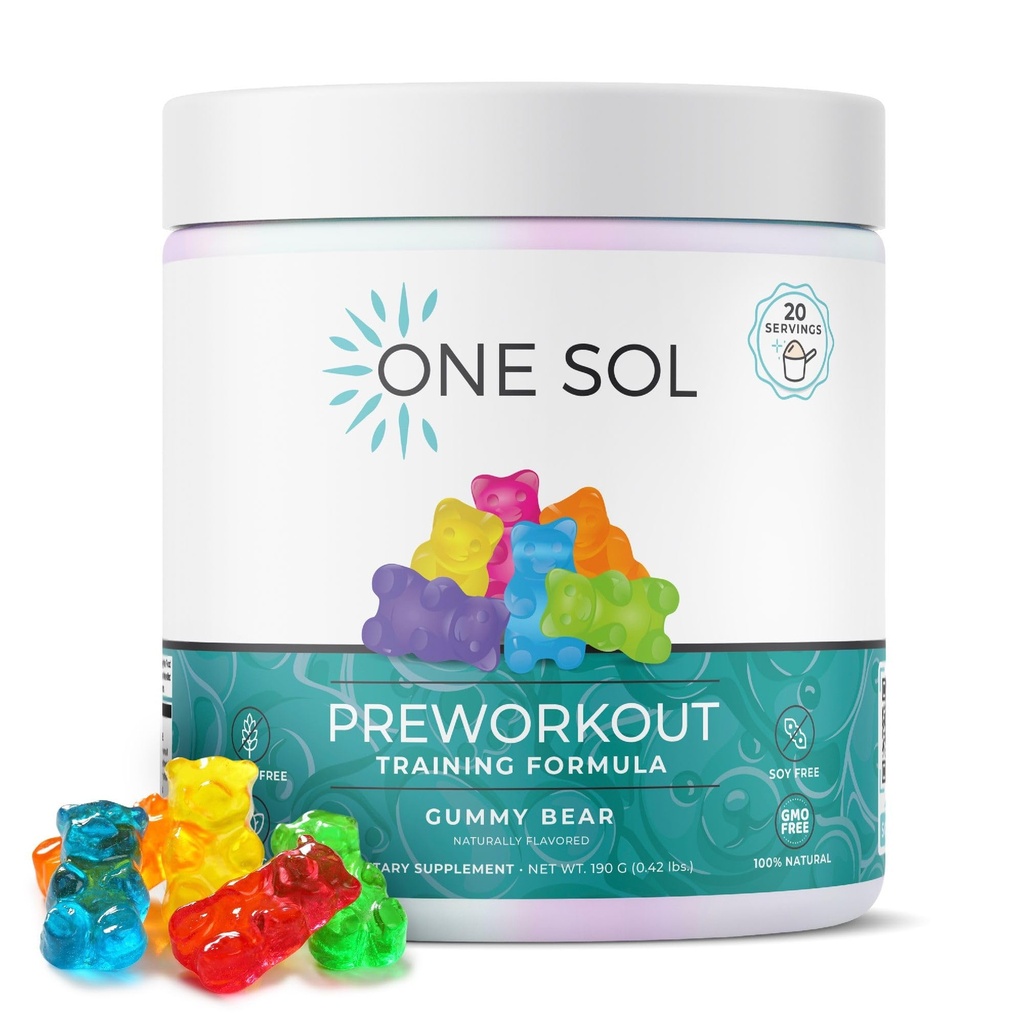 One Sol Pre-Workout per le donne, pompa potenziata & messa a fuoco, nessun Jitters o Crash, ingredienti naturali, 100% Vegan, senza glutine e soia, (Gummy Bear)
