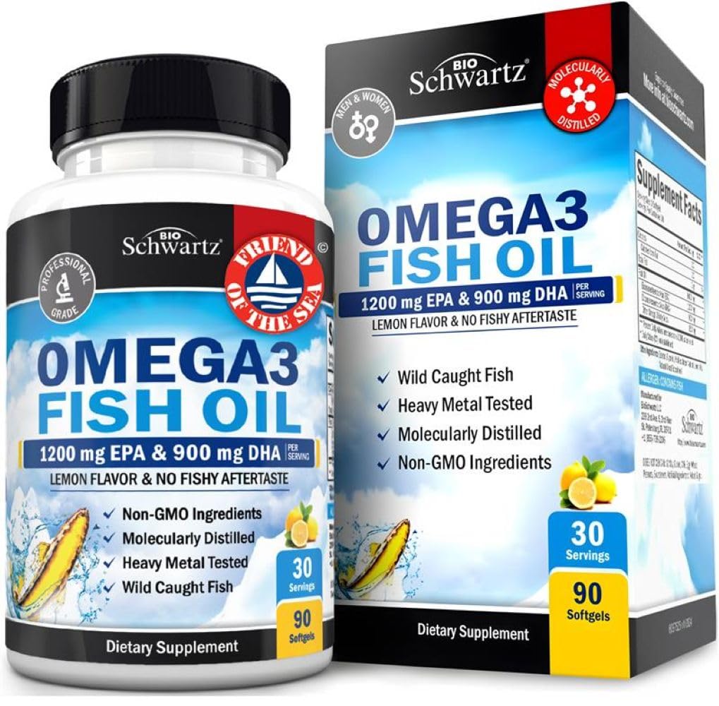 Triple Strength Omega 3 Fish Oil 3000mg - Supplemento Omega 3 ad alta potenza per le donne e gli uomini, Burpless limone Flavor Fish Oil - 2250mg acidi grassi essenziali con DHA & EPA, Wild Caught, 90 Softgels
