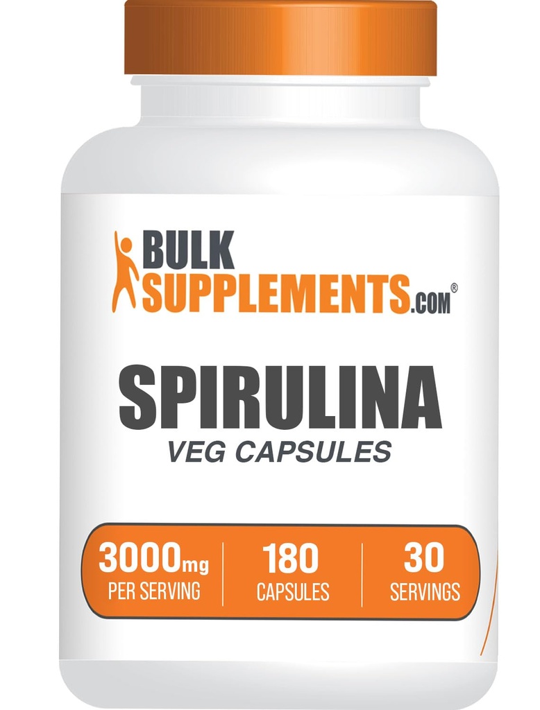BulkSupplements.com Spirulina Capsule - Green Superfood Supplement, Spirulina Supplement - Vegan, 6 Capsule per Serve, 180 Count (Pack of 1)