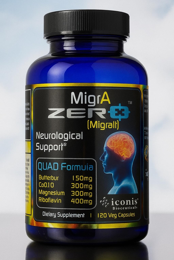 Migraine Relief, Quad-Formula con PA-Free Butterbur (150mg), CoQ10 (300mg), Magnesium Glycinate (300mg), High-Dose Riboflavin (400mg) - MigrA Zero (120 Caps) Dosaggio ottimale per chi soffre di emicrania