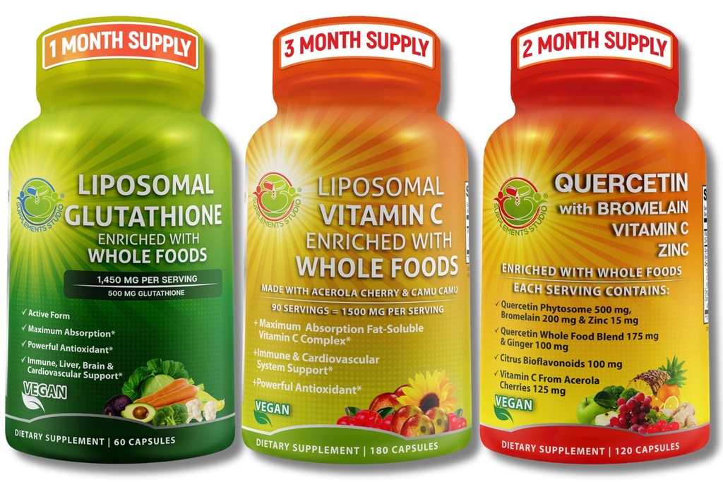 SUPPLEMENTARI STUDIO Alto assorbimento Antiossidante & Immune Support Bundle – Vitamina C 1500mg + Glutathione 500mg + Quercetina con Bromelain, Zinc & Whole Food Blend – Capsule Vegan, Non OGM