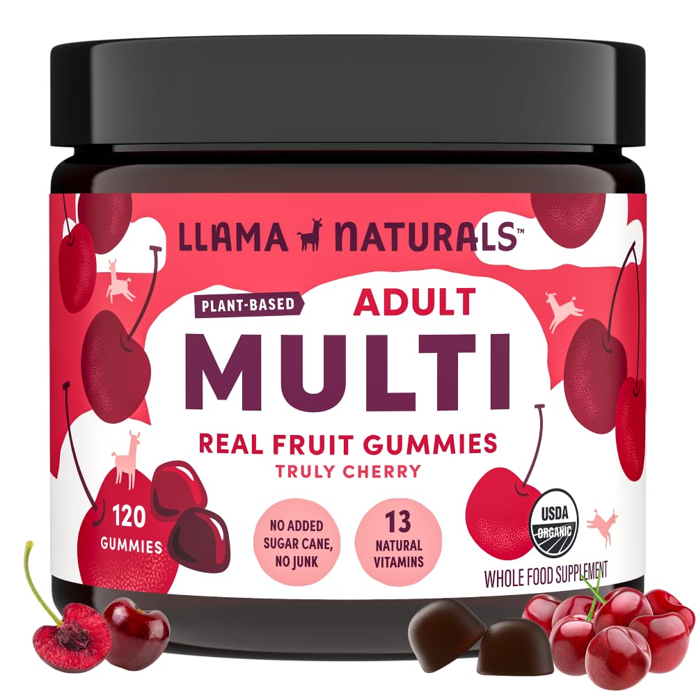 Llama Naturals Multivitamin per le donne e gli uomini, Vegan, Gummies organici con vitamina D, C e K, Adulti Vere Frutta Gummy Vitamine, Chewable Multivitamin Supplement, Non Aggiunto Zucchero Canna, Ciliegia, 120 Ct