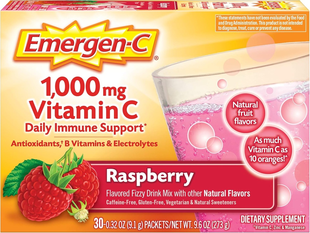 Polvere di vitamina C di Emergen-C 1000mg, con antiossidanti, vitamine di B ed elettroliti, integratori di immunità per il supporto immunitario, miscela di bevanda senza caffeina, aroma di lampone - 30 Mese di alimentazione
